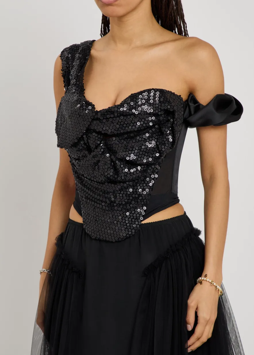 Sequin-embellished mesh corset top