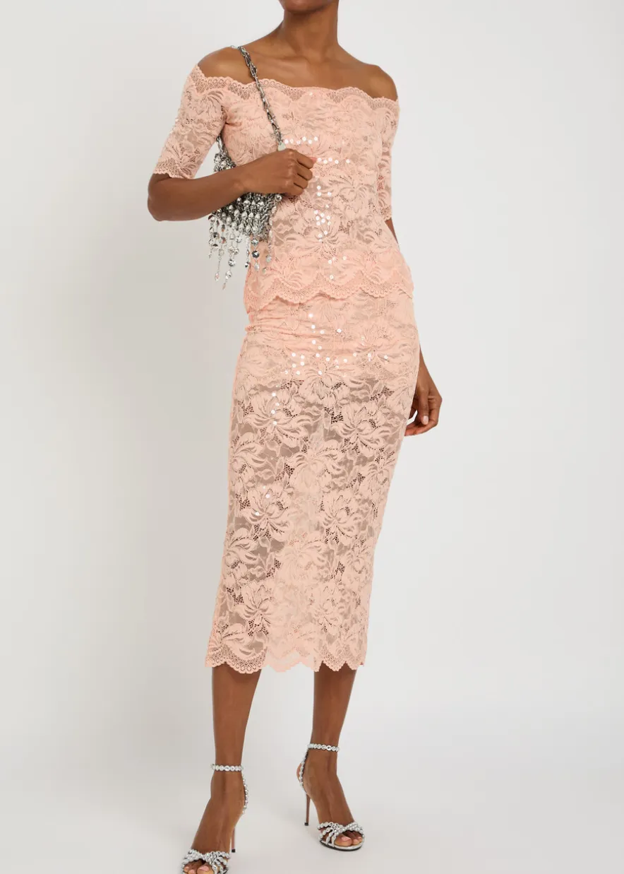 Sequin-embellished stretch-lace midi skirt