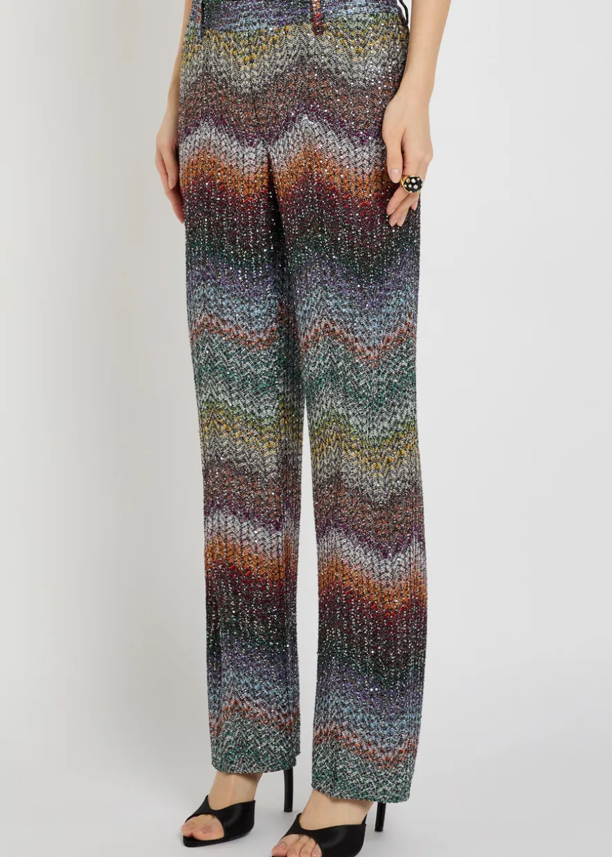 Sequin-embellished zigzag metallic-knit trousers