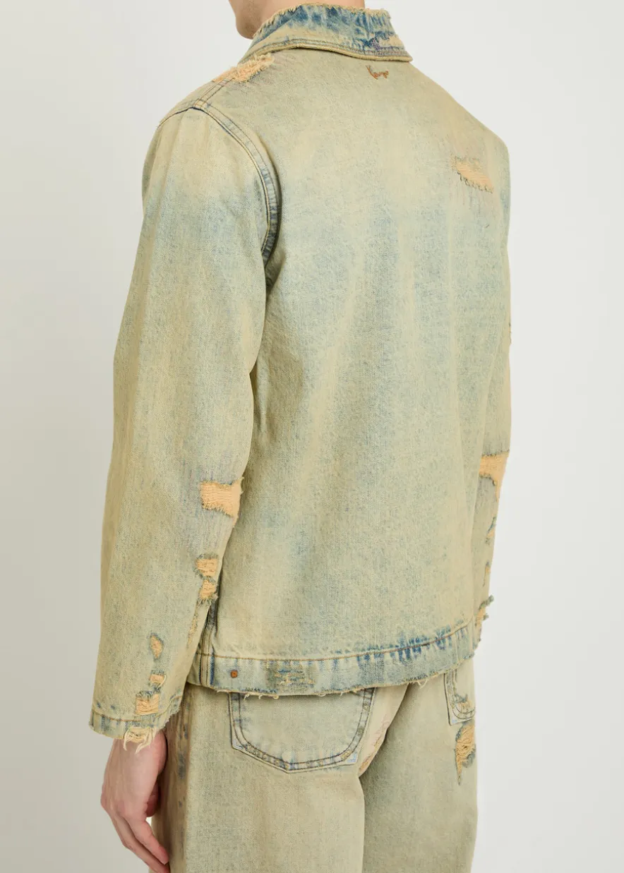 Shawl-collar distressed denim jacket