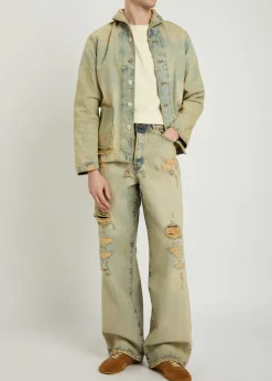 Shawl-collar distressed denim jacket