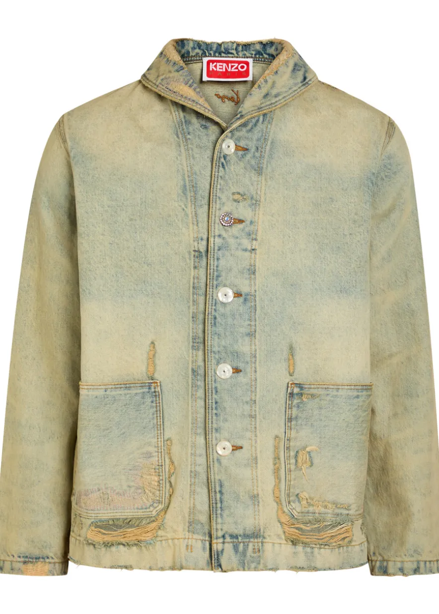 Shawl-collar distressed denim jacket