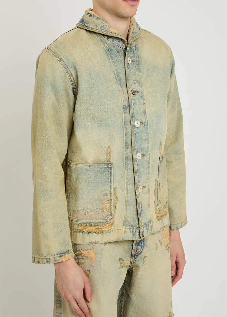 Shawl-collar distressed denim jacket