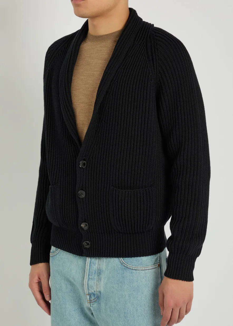 Shawl-lapel ribbed wool and silk-blend cardigan