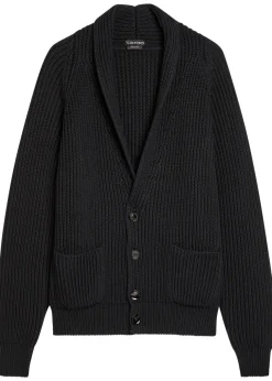 Shawl-lapel ribbed wool and silk-blend cardigan