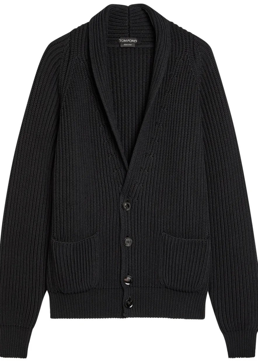 Shawl-lapel ribbed wool and silk-blend cardigan