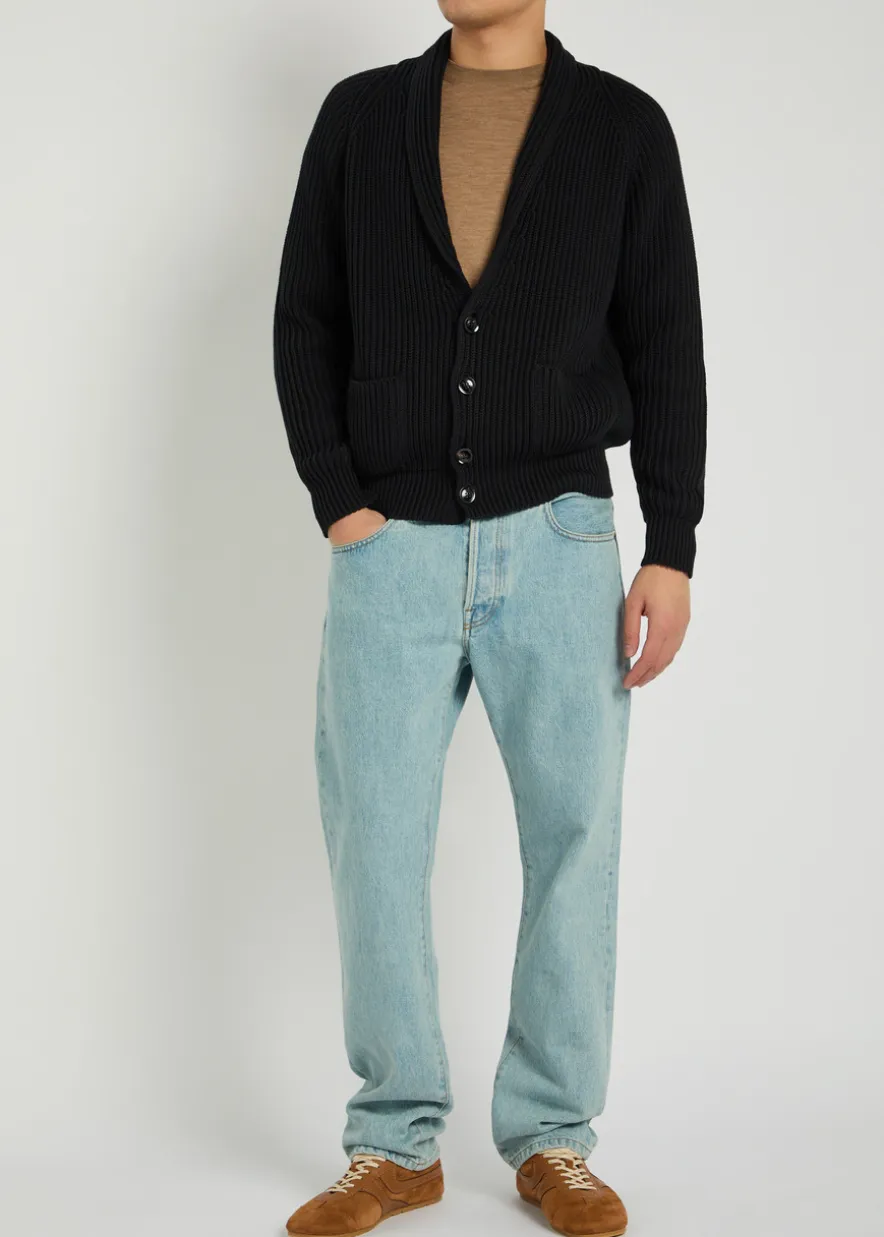Shawl-lapel ribbed wool and silk-blend cardigan