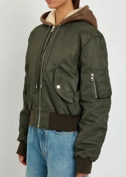 Shearling and leather-trim hooded shell bomber jacket