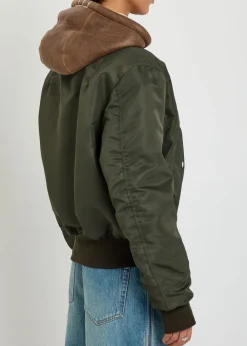 Shearling and leather-trim hooded shell bomber jacket