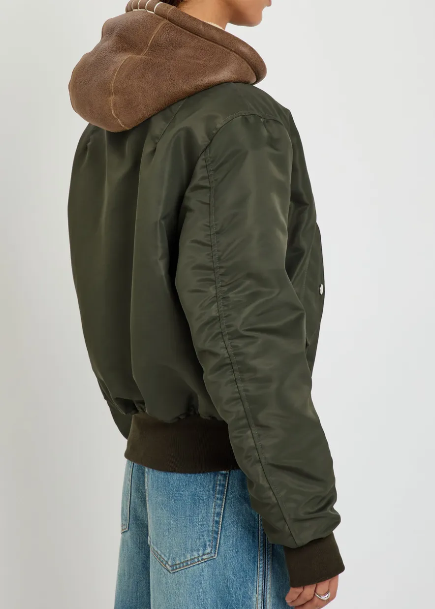 Shearling and leather-trim hooded shell bomber jacket