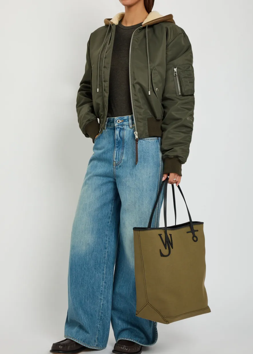Shearling and leather-trim hooded shell bomber jacket