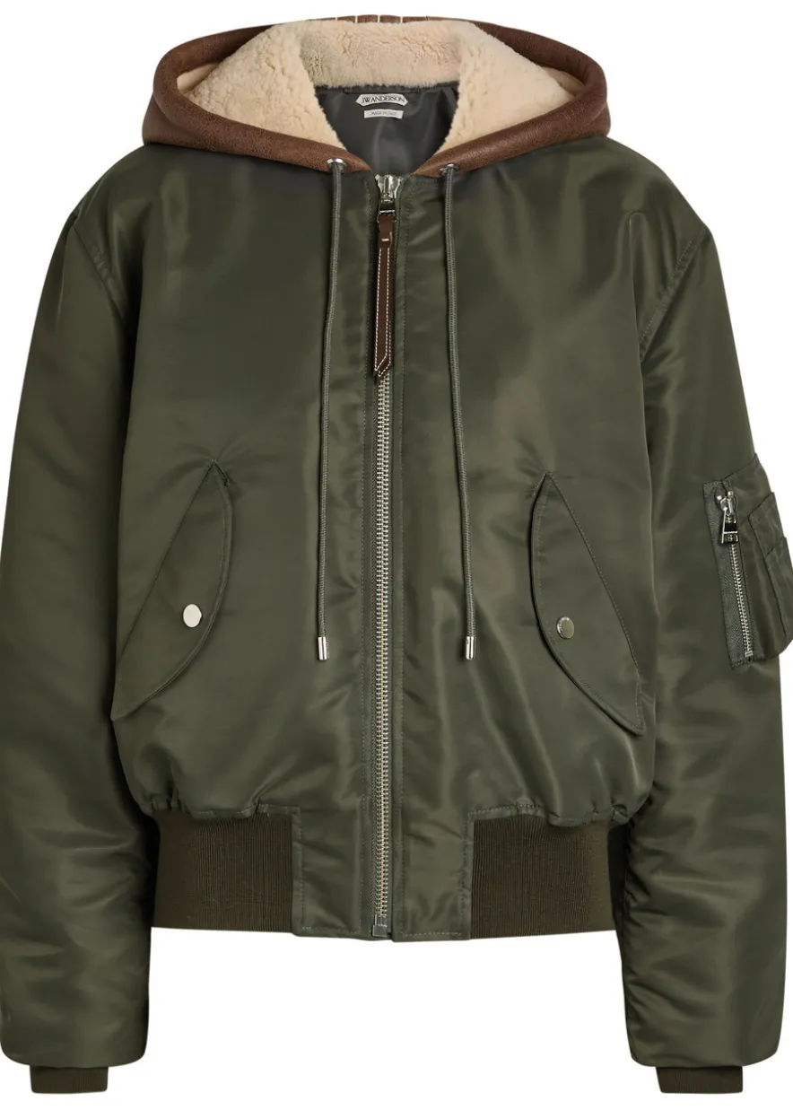 Shearling and leather-trim hooded shell bomber jacket