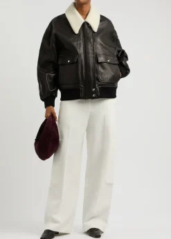 Shellar shearling-trimmed leather bomber jacket