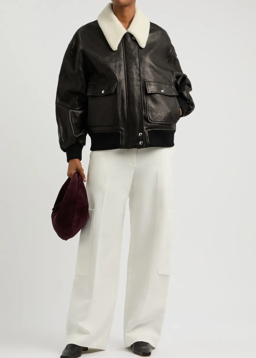 Shellar shearling-trimmed leather bomber jacket