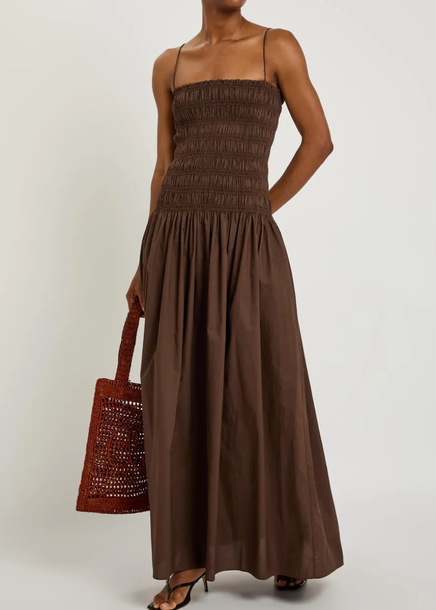 Shirred cotton-poplin maxi dress