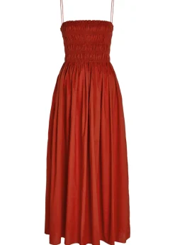 Shirred cotton-poplin midi dress