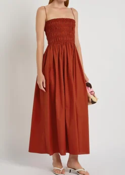Shirred cotton-poplin midi dress