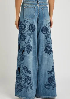 Sidney floral-embroidered wide-leg jeans
