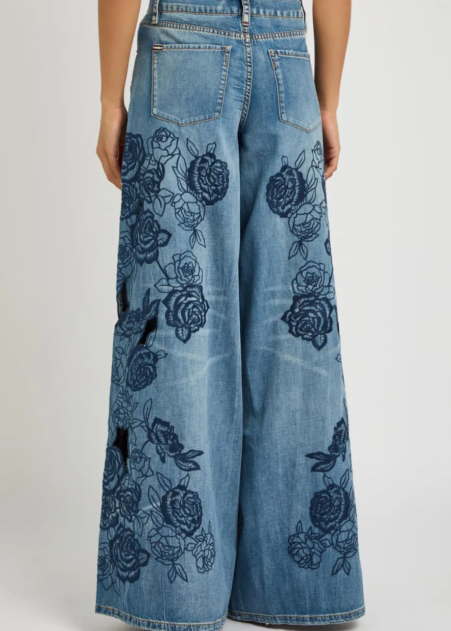 Sidney floral-embroidered wide-leg jeans