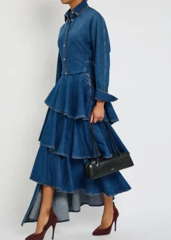 Spiral asymmetric tiered denim midi skirt