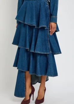 Spiral asymmetric tiered denim midi skirt