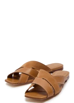 Square-toe suede and leather sandals