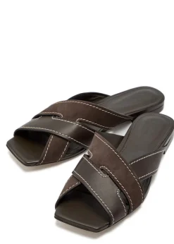 Square-toe suede and leather sandals