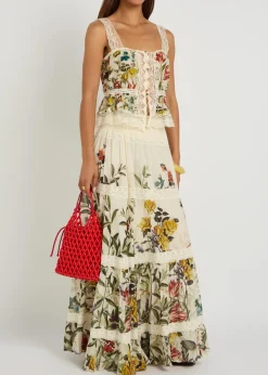 Stevie floral-print lace-trim cotton maxi skirt