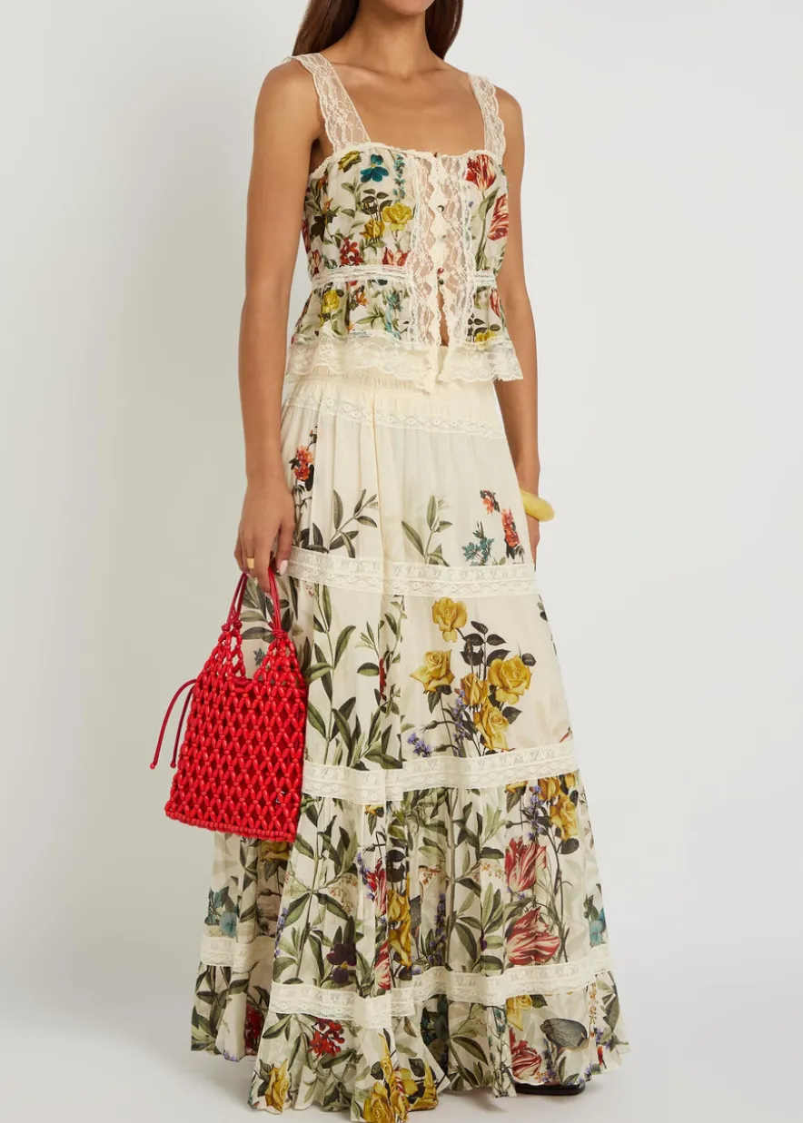 Stevie floral-print lace-trim cotton maxi skirt
