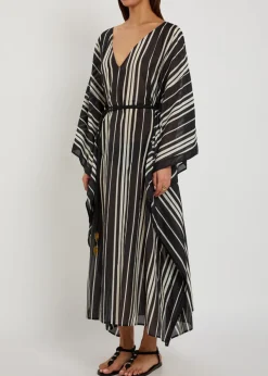 Striped belted cotton-blend kaftan dress
