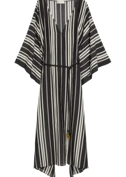 Striped belted cotton-blend kaftan dress