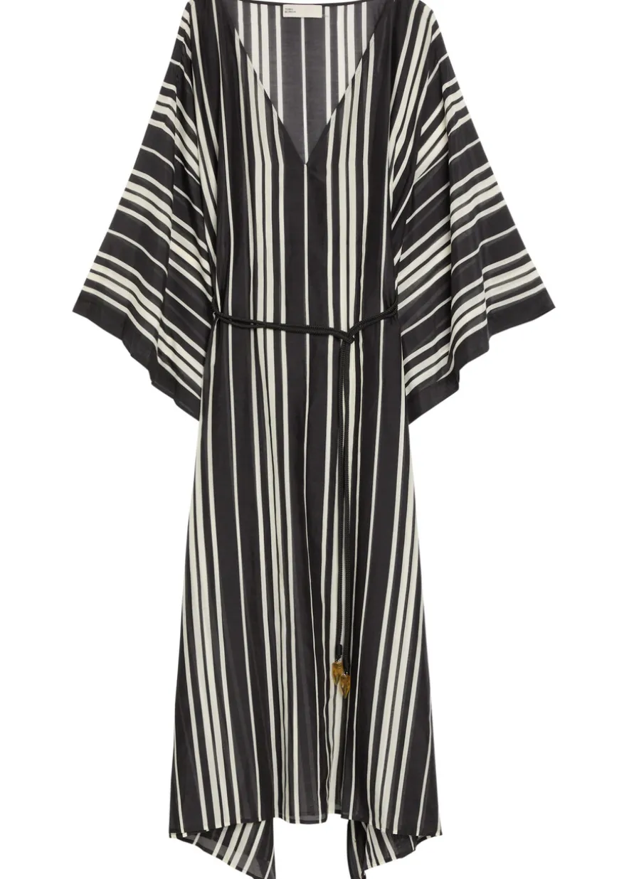 Striped belted cotton-blend kaftan dress
