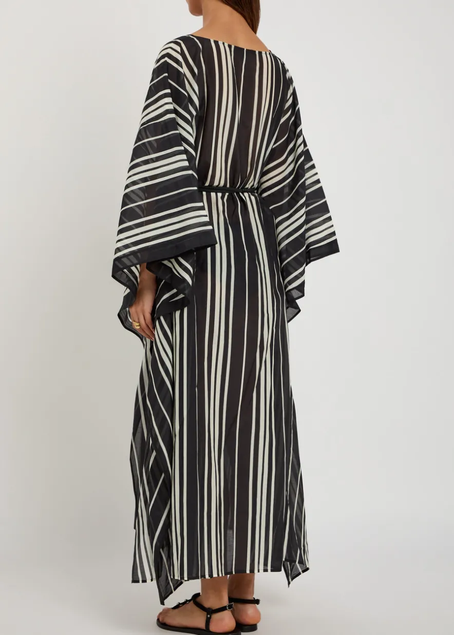 Striped belted cotton-blend kaftan dress