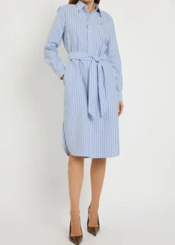 Striped belted cotton midi shirt dress