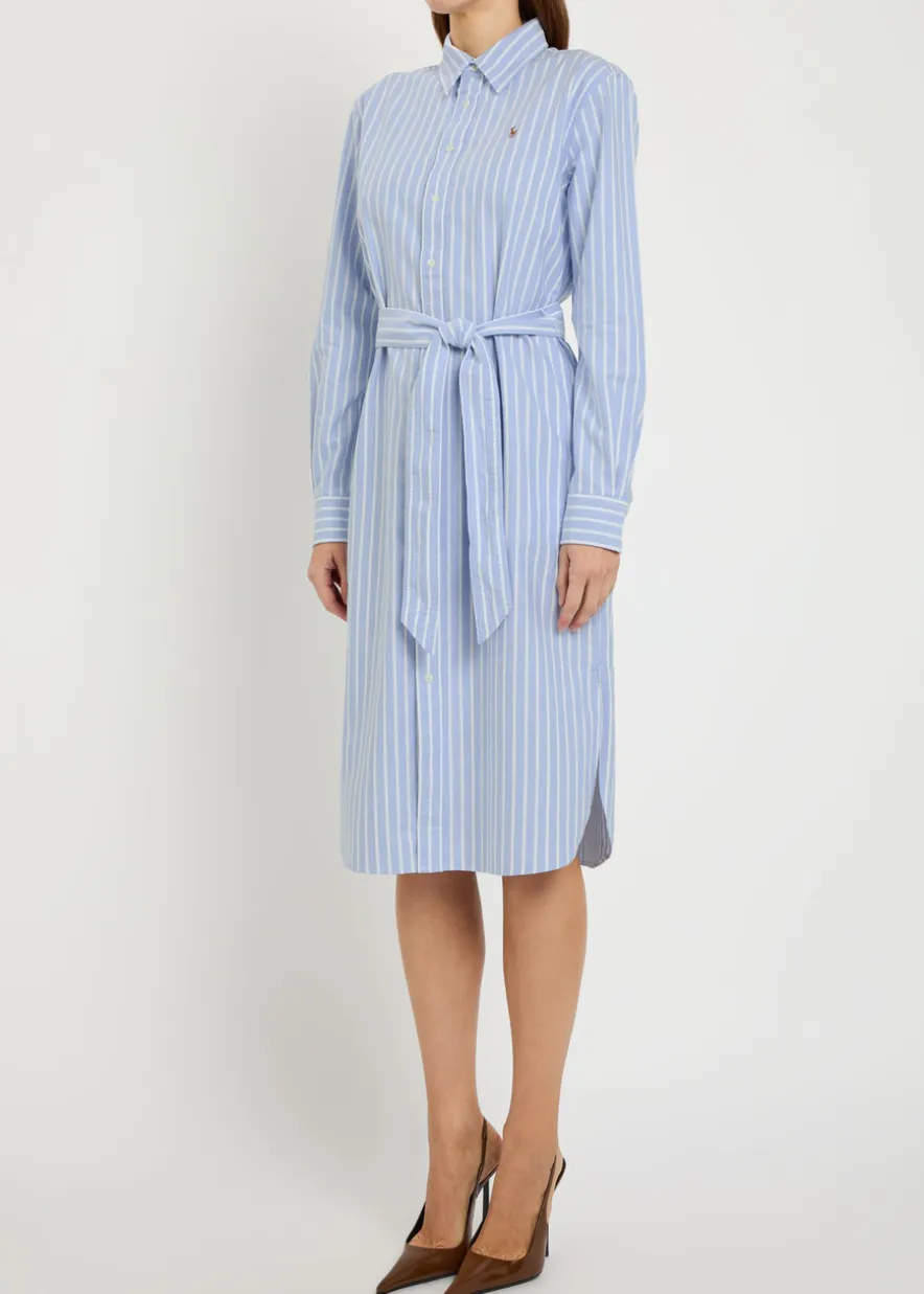 Striped belted cotton midi shirt dress