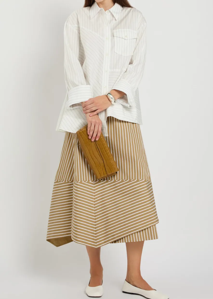 Striped cotton-poplin wrap midi skirt