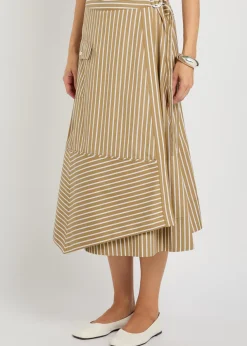 Striped cotton-poplin wrap midi skirt