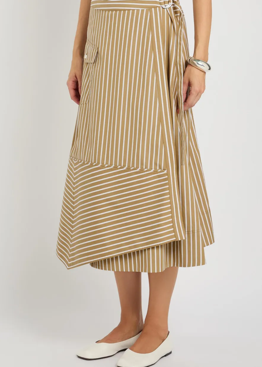 Striped cotton-poplin wrap midi skirt