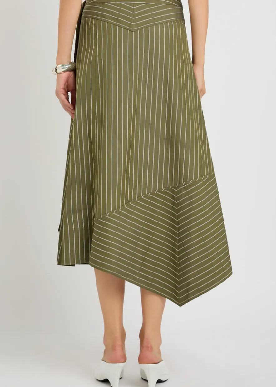 Striped cotton-poplin wrap midi skirt
