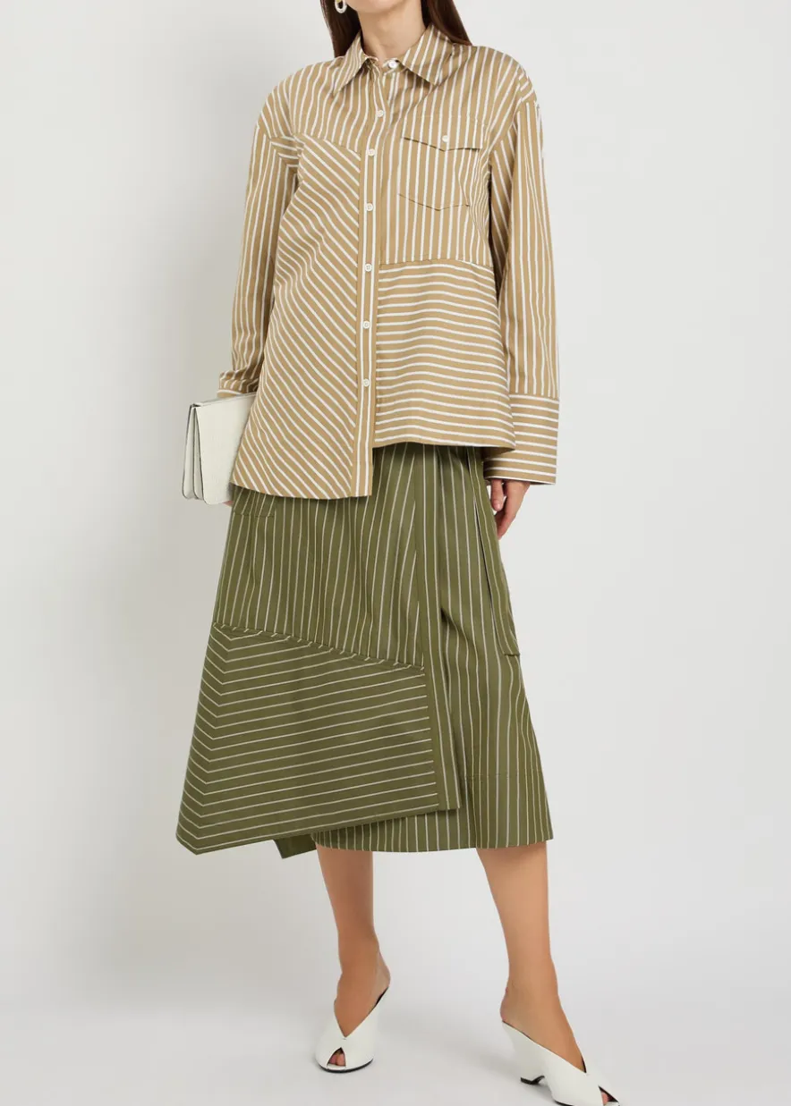 Striped cotton-poplin wrap midi skirt