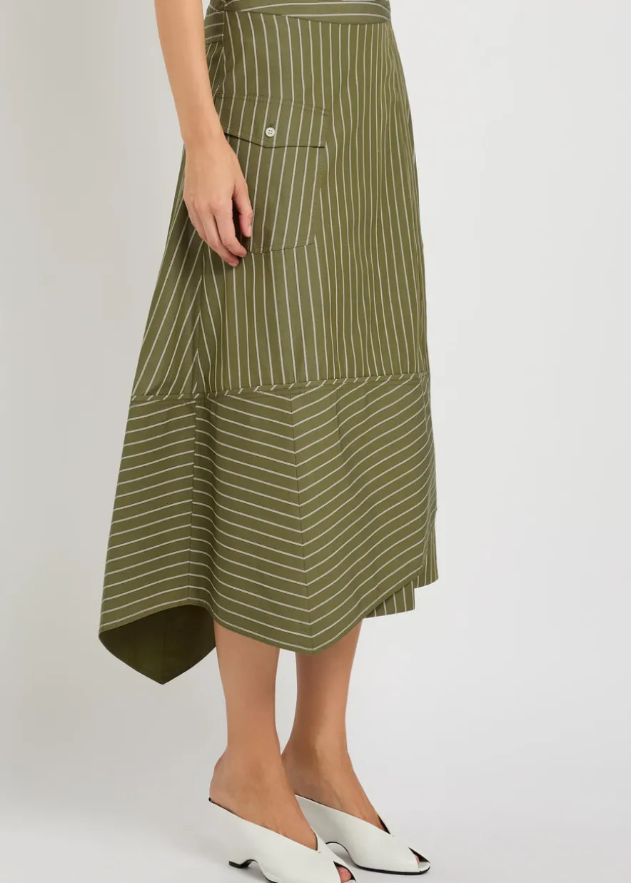 Striped cotton-poplin wrap midi skirt
