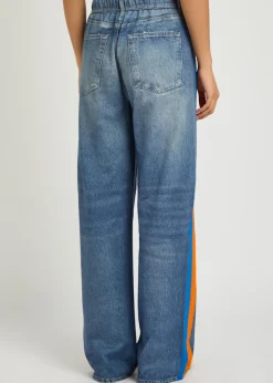 Striped denim-print cotton track pants