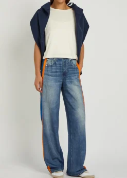 Striped denim-print cotton track pants