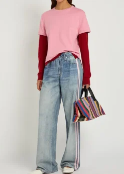 Striped denim-print cotton track pants