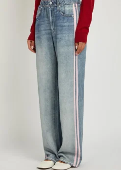 Striped denim-print cotton track pants