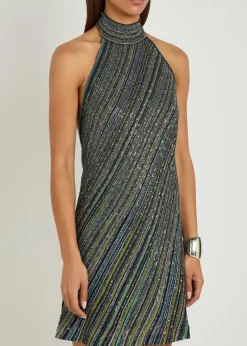 Striped embellished metallic-knit mini dress