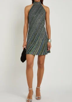 Striped embellished metallic-knit mini dress