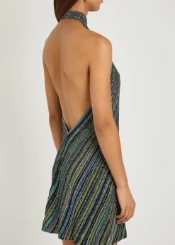 Striped embellished metallic-knit mini dress