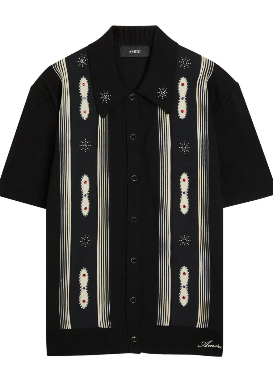 Striped embellished wool-blend shirt