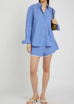 Striped lace-trimmed cotton-blend shorts